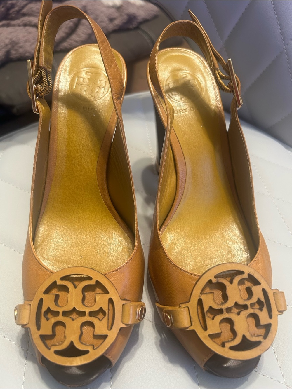 Tory Burch mustard brown Leather Slingback Peep-Toe Heels with Logo Medallion